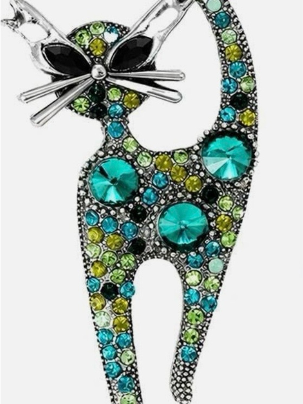 Crystal Cat Brooch in Teal, Aqua & Lime
